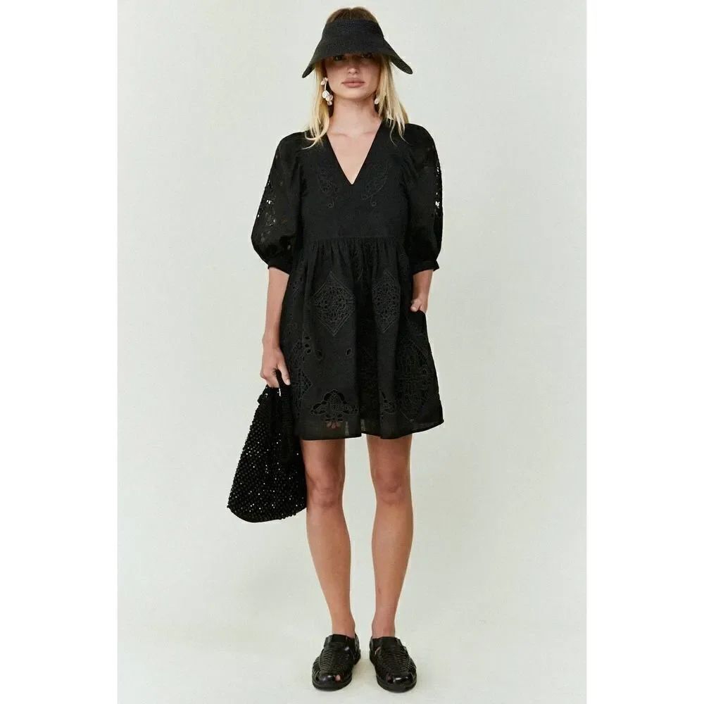 hunter bell maya dress black embroidered XS